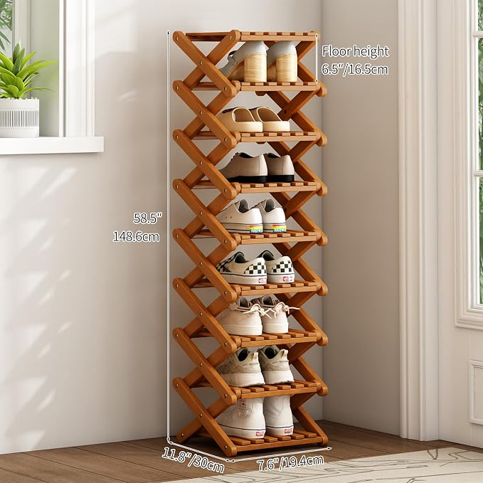 Bamboo Foldable Shoe Rack, 9 Tier Portable Shoe Storage Rack, Multi Functional Narrow Vertical Shoe Racks, Shoe Shelf for Entryway, Corner, Bedroom, Hallway, Balconies, Small Space