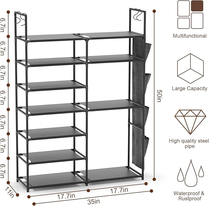 Kottwca 7 Tiers Shoe Rack Metal Shoe Organizer for Entryway Closet, 24-28 Pairs Stackable Shoe and Boots Shelf Storage Cabinet with Hooks and Side Hanging Pockets for Bedroom, Garage, Black
