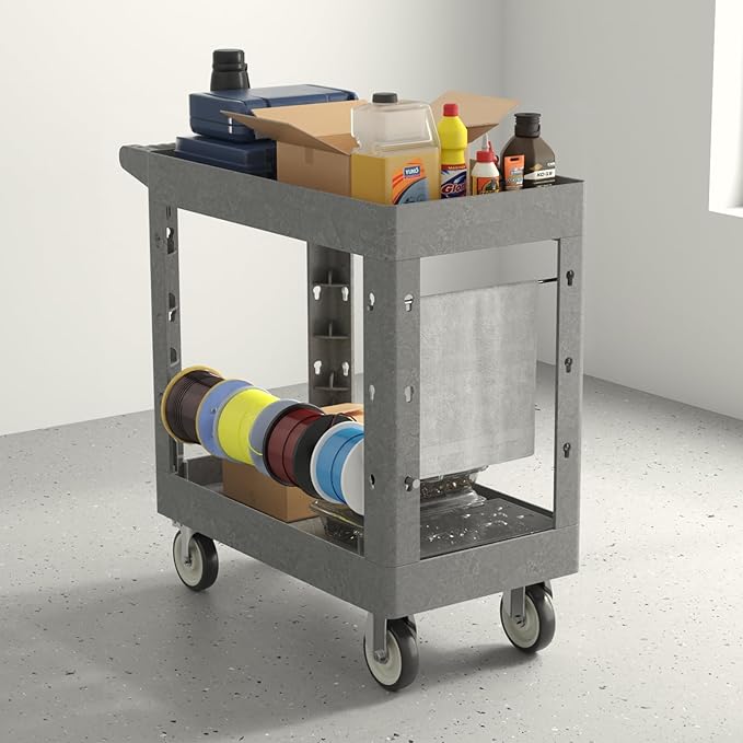 Plastic Utility Cart on Wheels, 34 x 17 Inch Rolling Service Cart-Gray | 2 Shelf Work Carts, 500 lbs Capacity Heavy Duty Tool Cart W/Tub Storage & Deep Shelve, for Warehouse, Garage, Cleaning