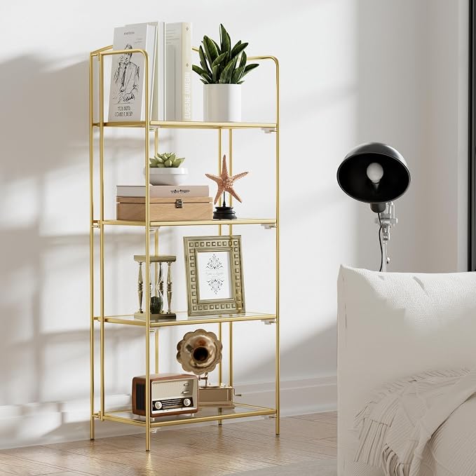 Crofy 4-Tier Foldable Bookshelf, Gold Frame & Transparent Shelves | No-Assembly Collapsible Portable Storage Organizer; Sturdy Transparent Shelves; Ideal for Living Room & Home Office