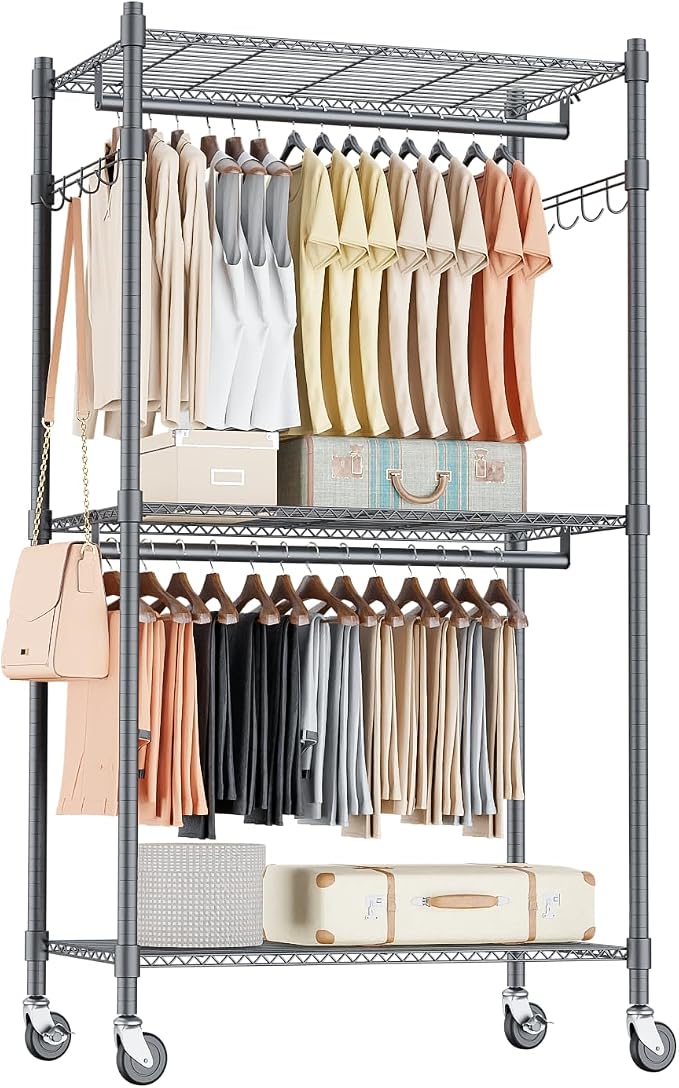 Homdox Narrow Rolling Garment Rack with Double Rods and 3 Adjustable Shelves, Compact Portable Closet Organizer for Bedroom, Dorm, Laundry Room, 23.62" W x 16.54" D x 80.71" H, Gray