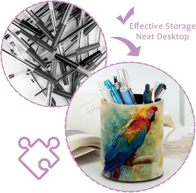 Retro Parrot Pattern Pen Holder Pencil Organizer for Desk, 3.1” x 3.1” x 3.9” Pencil Cup Office Supplies, Large Capacity Cute Pen and Makeup Brush Holder for Home, School, Desktop
