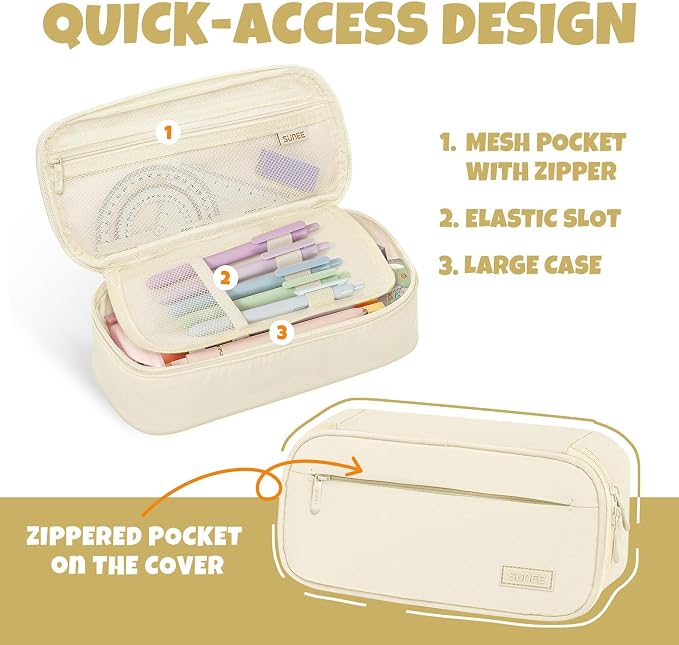 SUNEE Cute Pencil Case, Large Capacity Pencil Pouch, Big Storage Organizer for Stationery, Zipper Pen Bag, Back to School Supplies, Office Water-Repellent Nylon Pencil Bag for Teen Girls Boys, Cream