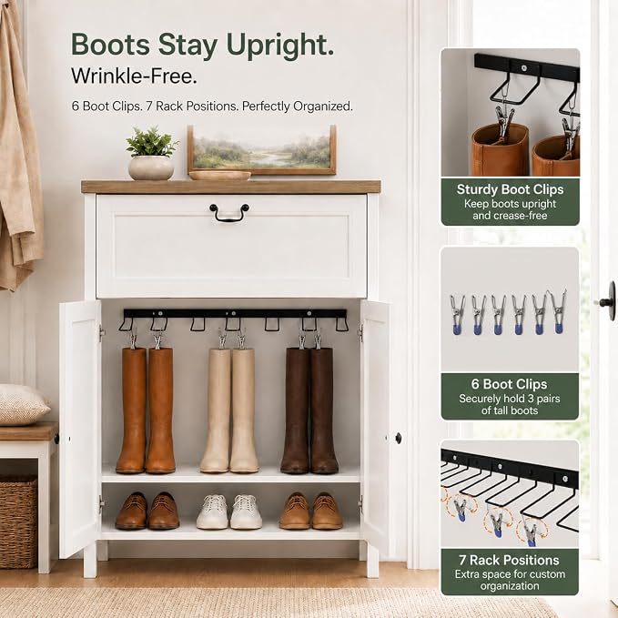 RASOO Shoe Cabinet for Entryway with Flip Drawer Boot Storage Adjustable Shelves, 6 Clips & 7 Rack
