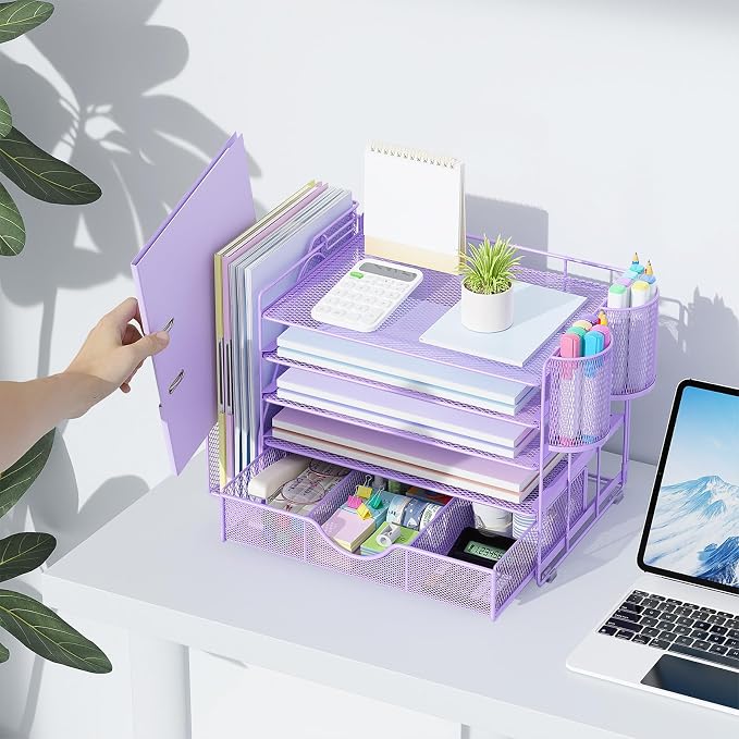 gianotter 5-Tier Desk Organizer with Drawers, File Holders, Letter Trays and Pen Holders - Workspace Accessories for Office Supplies (Light Purple)