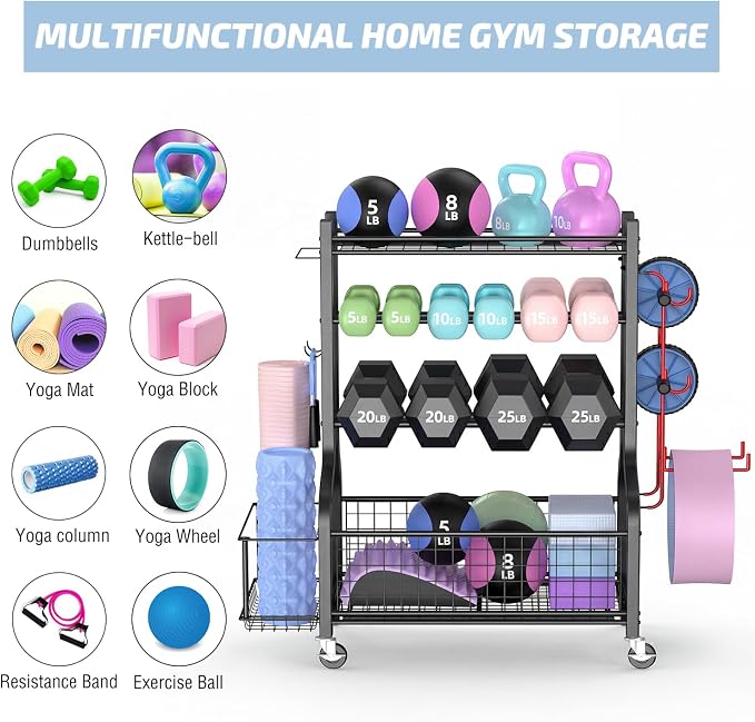 PLKOW Dumbbell Rack, Weight Rack for Dumbbells, Home Gym Storage for Dumbbells Kettlebells Yoga Mat and Balls, All in One Workout Storage with Wheels and Hooks, Powder Coated Finish Steel