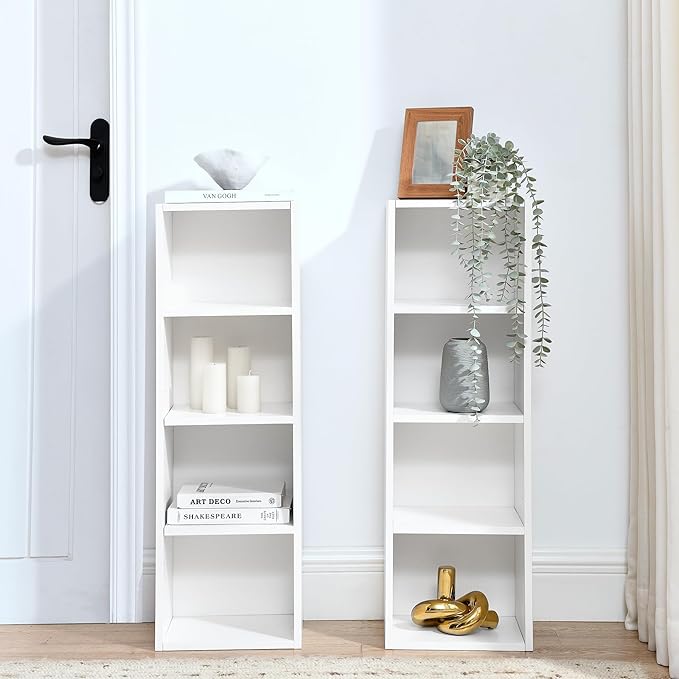 Elegant White 8-Tier Media Tower Rack - Multi-functional Slim Storage Cabinet, Ideal for CDs DVDs & Tall Narrow Bookcase for Organized Home Office!