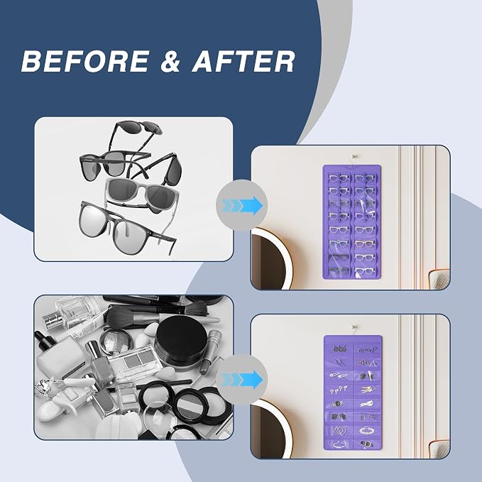 Hanging Sunglasses Organizer and Storage, 32 Slots Jewelry Holder, Purple | Protect eyewear from dust with double-sided clear compartments; roof design hangs on wall, door or closet for home/RV travel.