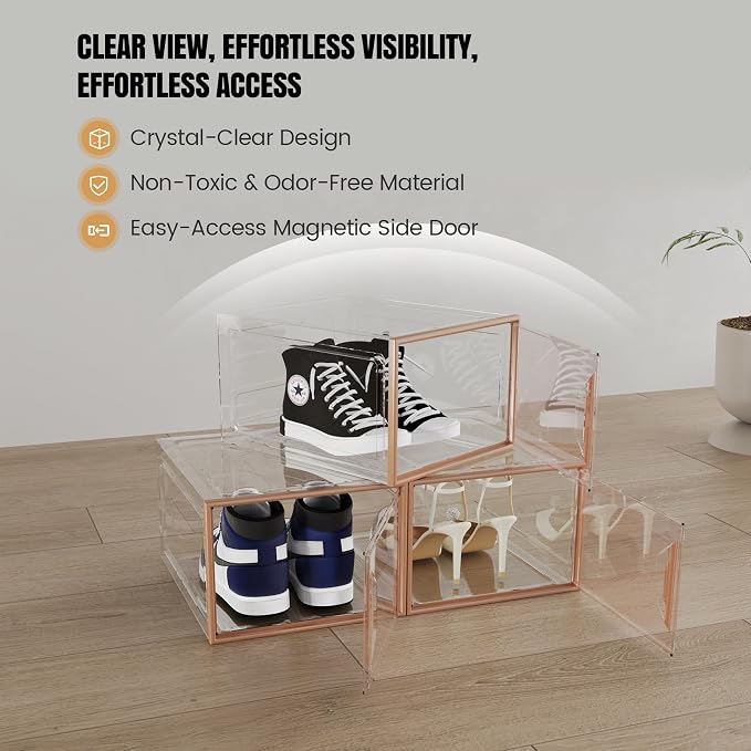 6 Pack Plastic Shoe Storage Box Organizer Magnetic Stackable | Upgraded Thicken Material, Stackable Space-saving, Fits Sneakers & Boots, Sturdy Shoe Box, Magnetic Door, Easy Assembly