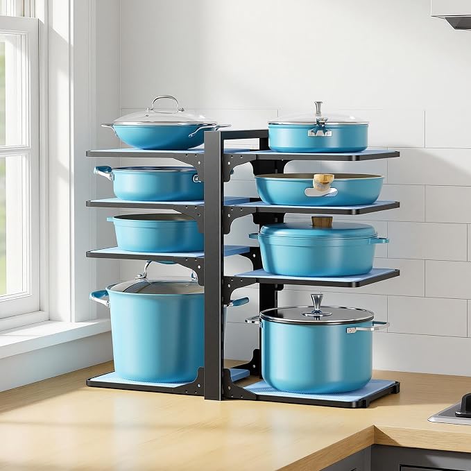 LAMU Pots and Pans Organizer Under Cabinet with 8 Adjustable Non-Slip Dividers,Pan Organizers Inside Cabinet,Iron Frame with Plastic Shelves,15-Inch Height for Small Kitchen Storage,Black