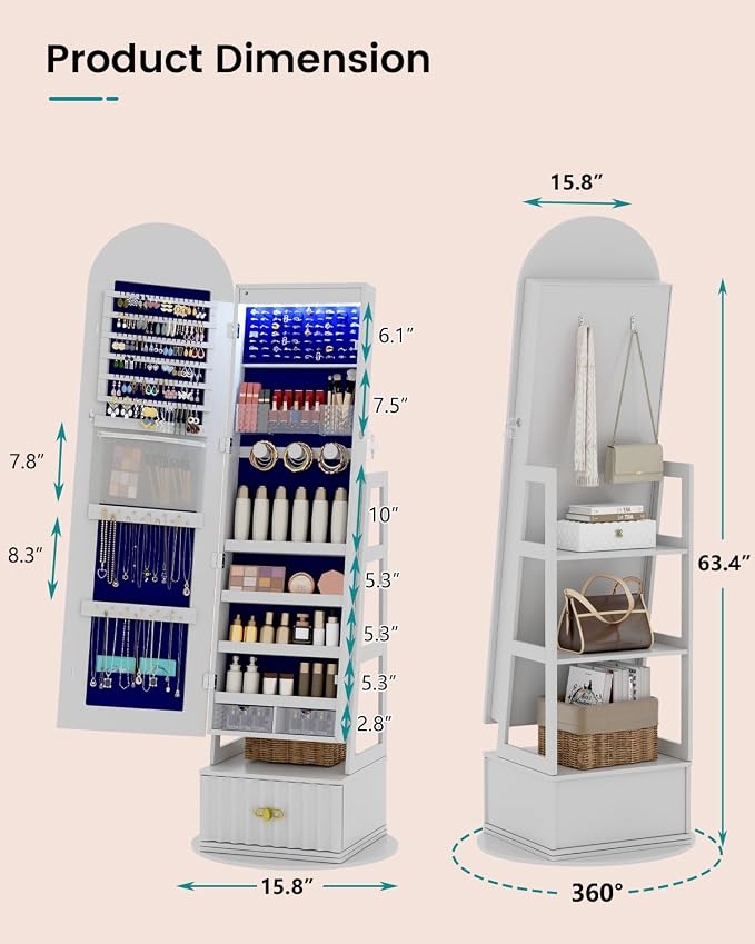 Vlsrka Arched LED Mirror Jewelry Cabinet with Full Length Mirror, White | Lockable Jewelry Armoire Cabinet, 360° Swivel Jewelry Organizer with Drawer Storage, Foldable Makeup Shelf, 2 Rear Hooks