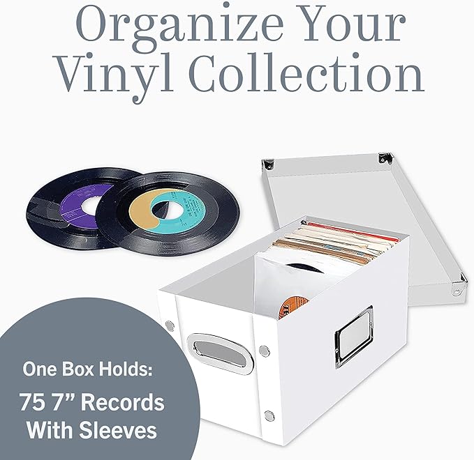 Snap-N-Store Vinyl Record Storage Box - 7"/45 RPM - 1 Pack Crate Holds up to 75 Vinyl Albums - White