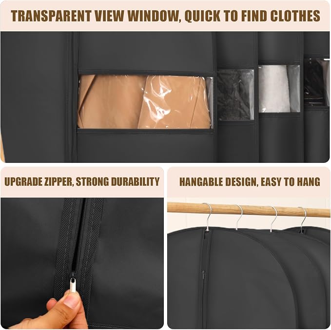 Kimmama Garment Bag for Hanging Cloth, Suit Protect Cover, 23.6" x 43.3" | PEVA Clothes Cover, For Suit, Shirt, Coats, Kids Dress, Clear Windows, Dustproof, Mosquito-Proof, Keep Dry, Black