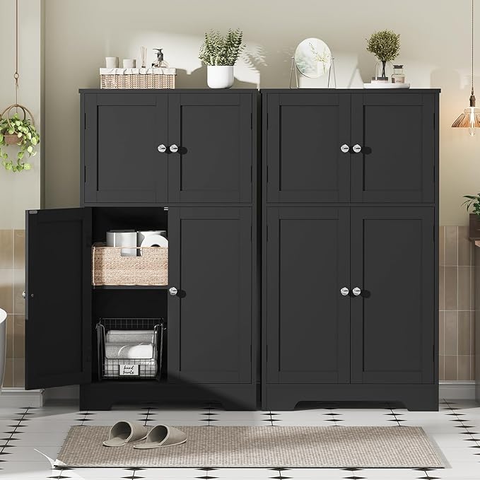 TEENFON Storage Cabinet, Rattan Cabinets with 2 Adjustable Shelves & 4 Doors, Bathroom Cabinet, Cupboard, Floor Cabinets for Living Room, Entryway, Kitchen, Home Office, Black
