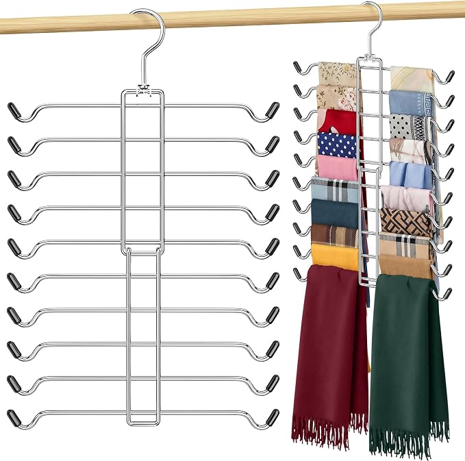 10 Tiers Scarf Organizer for Closet, 360° Swivel Scarf Hanger Hijab Holder Organizer Holds 30 Scarves Ties, Space Saving Hanger Closet Organizers and Storage for Shawl Belt Bra Tie Legging, Silver