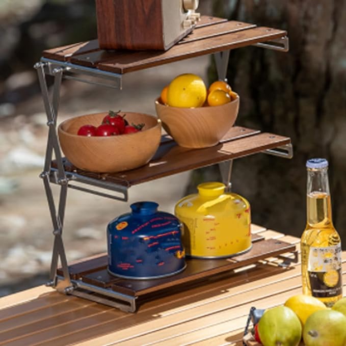Topyond 3-Tier Storage Shelf Racks, Folding She lf Storage Rack, Strong Load Bearing Fine Polishing Metal Beech Wood Camping Organizer for Outdoor Camping(Chrome-Plated Shelf)