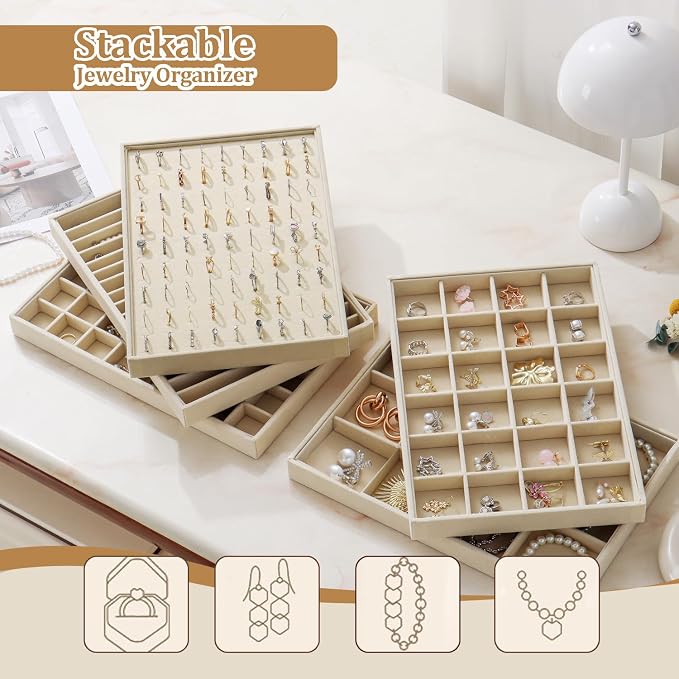 Large Stackable Jewelry Tray 4 Pack Velvet Jewelry Display Drawer Inserts Trays Organizer for Earring Bracelet Necklace Ring (Beige, 24 Grids)
