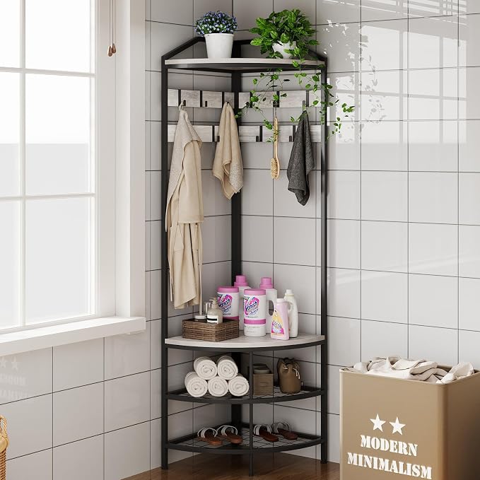 GiftGo Grey Corner Hall Tree with Shoe Bench Entryway Coat Rack with 10 Metal Movable Hooks Rustic Farmhouse Floorstanding Clothes Rack Shoes Shelf Organizer for Home Office Bedroom (Greige)