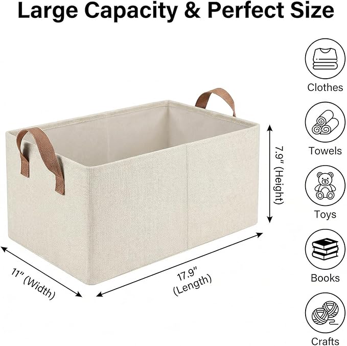 3 Pack Storage Bins Fabric Collapsible Organizers with Handles Sturdy Canvas with PP Board 17.9”x 11”x 7.9” Beige Foldable Storage Box for Closet Shelves, Books, Toys, Clothes, Office Organization