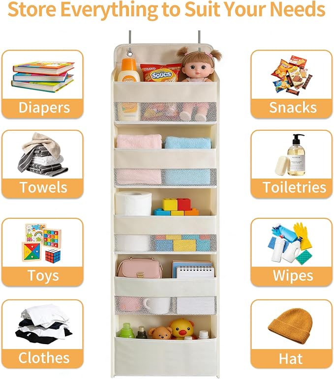 Over the Door Organizer, Door Storage Organizer with Large Capacity Pockets, Hanging Shelves for Bedroom, Closet, Dorm, Pantry (Beige, 5-Tier)