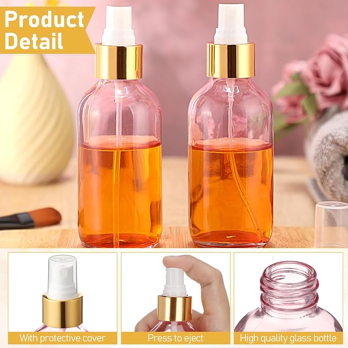 Maxcheck 50 Pieces 4oz Glass Spray Bottles for Essential Oil Small Empty Spray Mist Bottle Empty Fine Mist and Refillable Mister Refillable Liquid Containers for Perfumes, Cleaning(Pink, Gold)