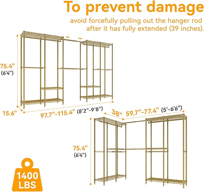 Higeego H5 Pro Heavy Duty Clothes Rack Wardrobe Closet for Hanging Clothes, Freestanding Garment Rack with Expandable Hanger Rods, Closet Organizer and Storage, (97.7-115.4")L x 15.7"W x 75.4"H, Gold