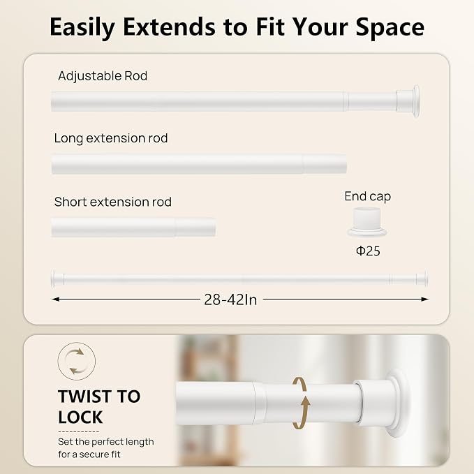Tension Curtain Rod by EZFurni, 28 to 42 Inch, Adjustable Curtain Rods No Drilling, Heavy Duty Tension Rod, Anti-Slip Spring Loaded Curtain Rods for Window, Closet, Door, White
