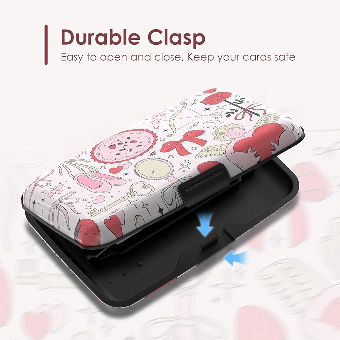 Credit Card Holder for Women, RFID Blocking Aluminum Hard Card Case, Mini Metal Wallet for Business Travel, Pink Bow Love