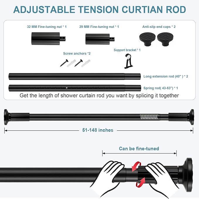 ZOCONE Tension Curtain Rod 51-148 In (4.25-12Ft), Long Outdoor Curtain Rod No Drilling for Patio Window, Adjustable Shower Curtain Rod for Bathroom, Never Rust, Tool-Free, Rod Diameter 1.26 In, Black