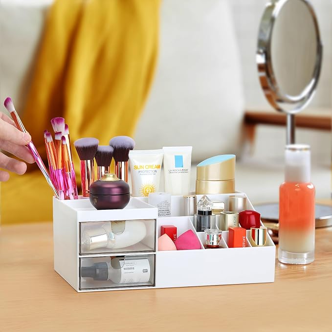 LETURE Desk Organizer, Cosmetic Makeup Vanity Organizer Box, Bathroom Counter Makeup Storage for Eyeshadows, Skin Care, Concealers, Powders, Nail Polish (White)