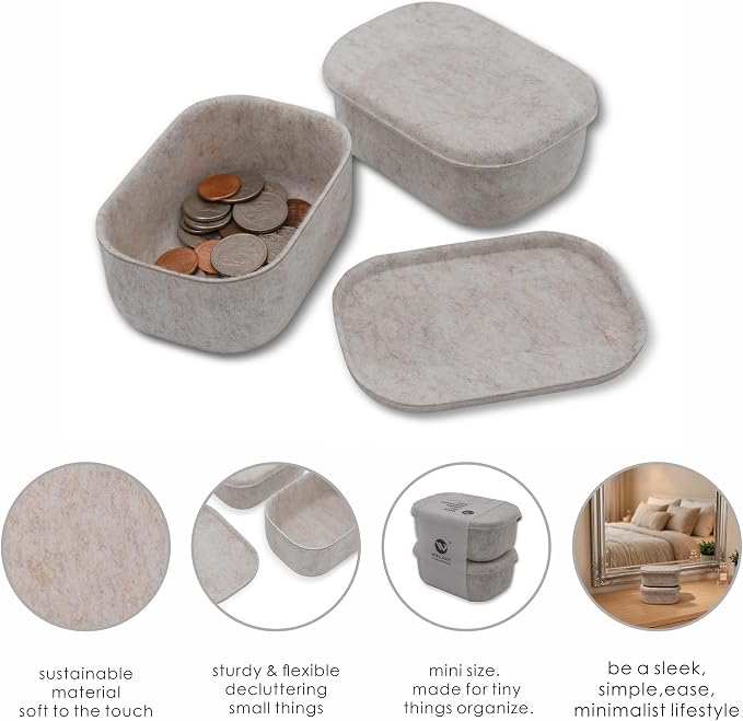 Welaxy Small Hide Storage Containers with Lids, Natural Beige felt bin with Lid Set of 2 (Oatmeal)