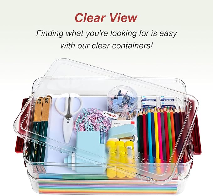 CATOOMUU 2-Pack 9x13 Clear Plastic Project Case Stackable Storage Box | 5.5Qt portable container with lids, file box for letter A4 paper, photos, documents, scrapbook, craft, art, school supplies