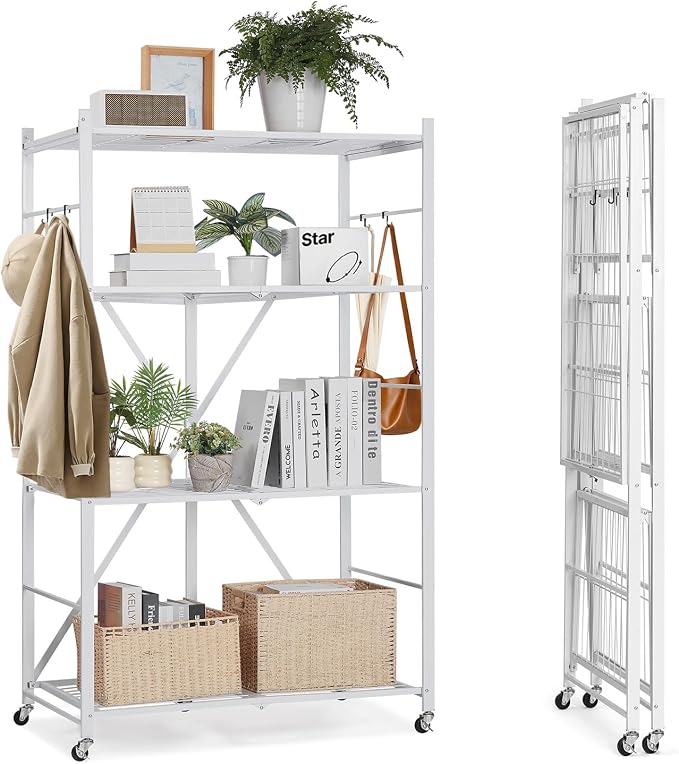 VEVOR 4-Tier Foldable Storage Shelf, 36W x 21D x 60 H Inch Folding Metal Rack Shelving Unit, No Assembly Organizer Shelf with 5 Wheels & 4 Hooks for Pantry, Kitchen, Garage, Basement, White