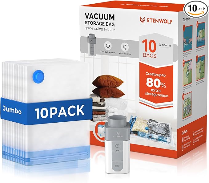 ETENWOLF Vacuum Storage Bags for Travel with Rechargeable Wireless Pump, Vacuum Seal Bags for Clothes and Travel, Space Saver Bags in Carry-On Sizes, Perfect for Luggage and Suitcases, 10 Jumbo
