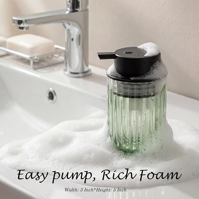 Amolliar Foaming Soap Dispenser, 8OZ Green Glass Soap Dispenser with Plastic Pump, Refillable Hand Soap Dispenser for Bathroom, Kitchen, Shower, Lotion, Dish Soap Dispenser, Home Decor, Black 1 Pack
