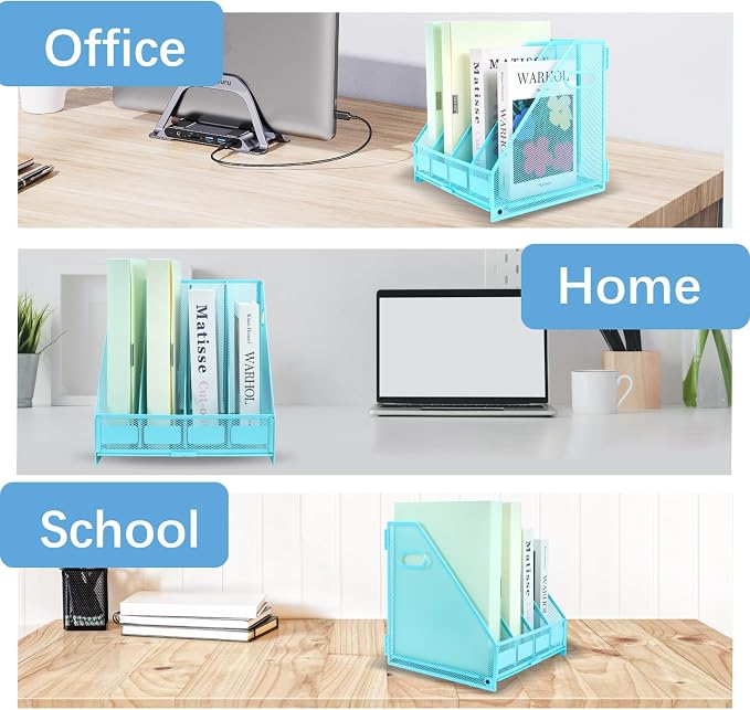 Desk Organizers Metal Magazine File Holder Racks Desktop Folder Storage Binder Organiser Document Organization for Home Office & Classroom,4 Vertical Compartments-Blue