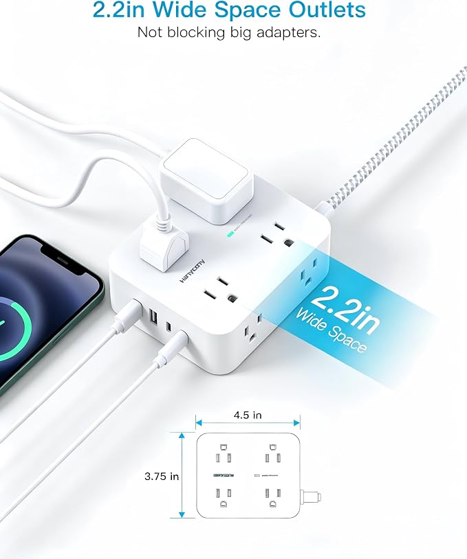 HANYCONY 10 Ft Braided Extension Cord with Ultra-Thin Flat Plug, 8-Outlet | 1080J Surge Protector Power Strip with 4 USB Ports (2 USB C), Ideal Wall Mount Charging Station for Home Office and Dorm