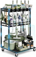 Cleaning Supplies Organizer Cart with Wheels, Broom and Mop Holder with 5 Grippers, 6 Hooks, 3 Shelves, Rolling Broom Closet Storage Rack for Laundry Room, Kitchen, Bathroom, Garage, Poolside