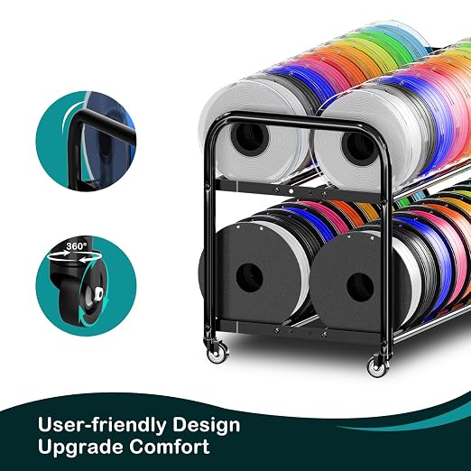 2-Tier Metal Filament Rack, 24 Spool Storage, Under Desk Cart for Workshops | Adjustable 2-tier Shelves Fit 250g-1KG Spools, Sturdy Metal, 33lb/shelf, 4 Swivel Wheels,Tool-Free Install