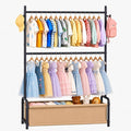 Kids Clothing Rack with Double Rod, Storage Basket & Hooks, Height Adjustable Kids Clothes Rack, Portable Baby Dress Up Garment Rack for Princess Dresses, Black