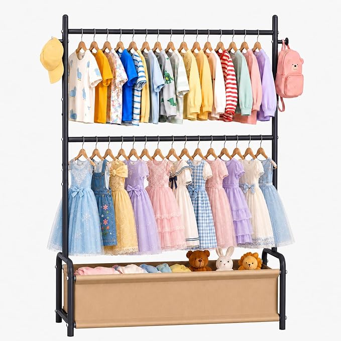 Kids Clothing Rack with Double Rod, Storage Basket & Hooks, Height Adjustable Kids Clothes Rack, Portable Baby Dress Up Garment Rack for Princess Dresses, Black