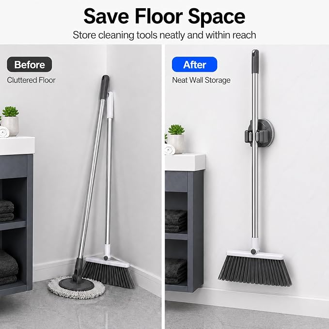 Suction Cup Mop and Broom Holder Wall Mount, 2 Pack No Drill Rotating Mop Gripper and Broom Hanger, Single Slot Cleaning Tool Holders for Bathroom, Kitchen, Laundry Room, Gray