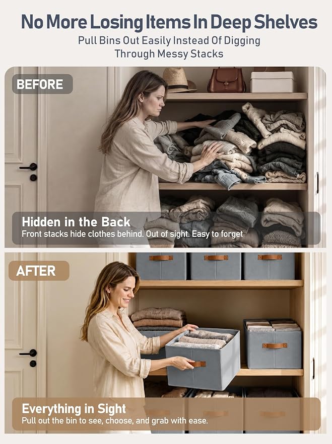 DIMJ Closet Storage Baskets Bins 4 Pack Large, Collapsible Fabric Closet Organizers and Storage with Polyester Handles, Decorative Baskets for Organizing Clothes, Towels, Linen Closet 14"x10"