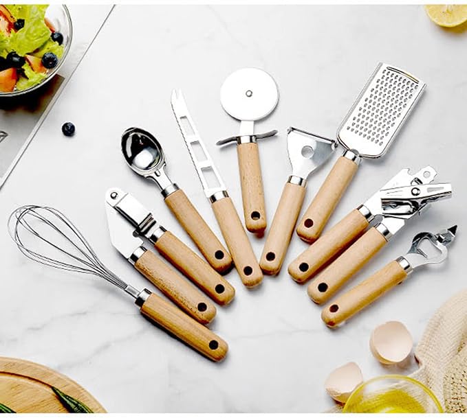 9pcs Kitchen Gadget Set with Wooden Handle, Stainless Steel Cooking Tools Kitchen Accessories Pizza Cutter, Egg Whisk, Vegetable Peeler, Can Opener, Garlic Press