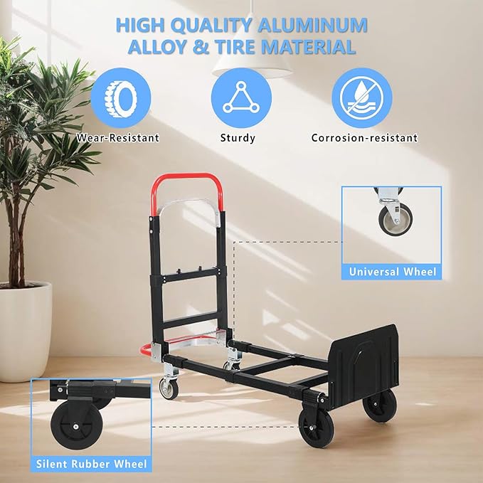 3 in 1 Convertible Hand Truck, Folding Hand Dolly Cart with Retractable Handle, 600LBS Heavy Duty Aluminum Hand Truck Dolly for Luggage, Shopping, Home, Office Moving