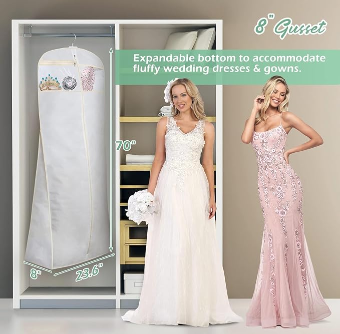 MISSLO 70" Bridal Wedding Gown Dress Garment Bag with Accessories Pouch Large Travel Garment Cover 8" Gusset (White)