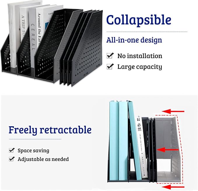 Marte Vanci Collapsible 3 Compartment Magazine Holder Desktop Organiser Adjustable Sturdy File Dividers Document Cabinet Rack Display (Black)