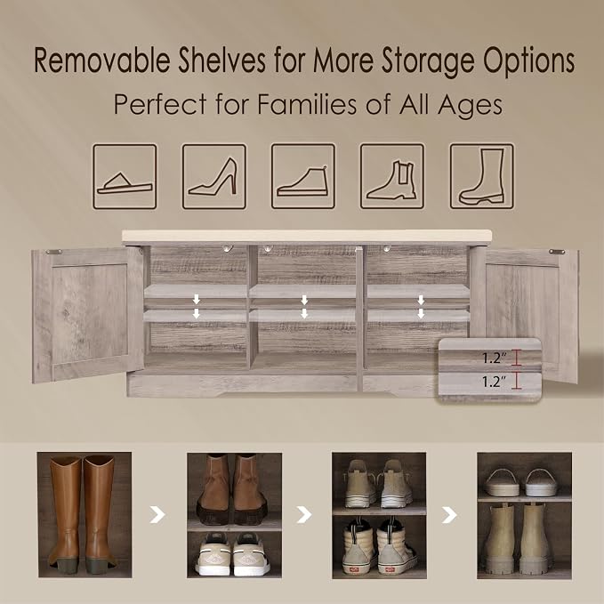 DINZI LVJ Shoe Bench, Entryway Storage Bench with Doors, Cushion, 2-Tier Shoe Rack with 6-Cubby, 39.4”L x 13.8”W Shoe Organizer Cabinet, Adjustable Shelf, Living Room, Bedroom, Greige
