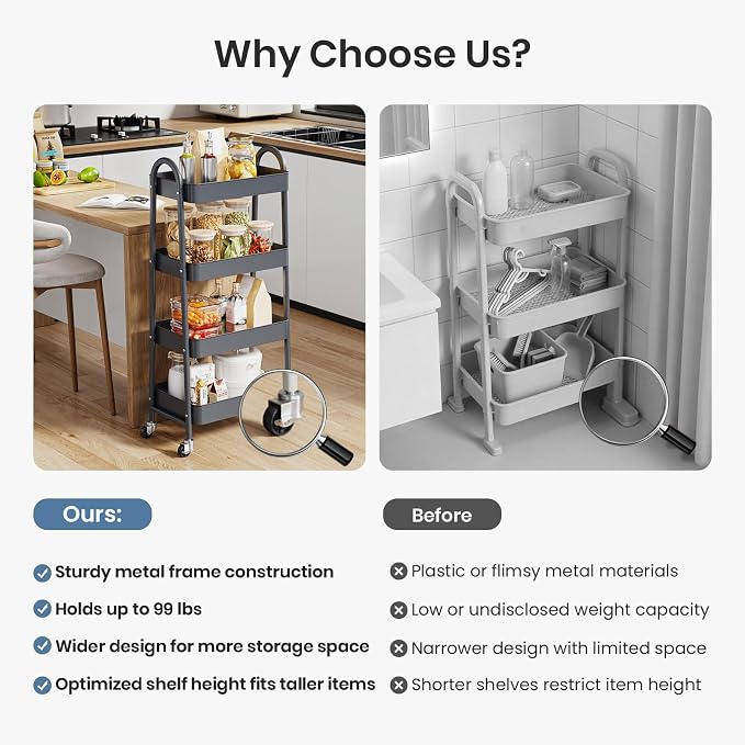 DUMOS 4 Tiers Rolling Utility Cart, Storage Organizer, Shelving Unit | Metal, Lockable Wheels, Mobile, Kitchen, Bathroom, Laundry, Narrow Places, Gray