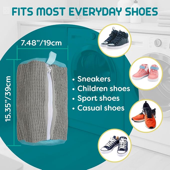 ZENO Shoe Washing Machine Bag - 2pcs - Laundry Shoe Bag for Washer and Dryer - 2pc Reusable Sneaker Cleaning Sack for All type of Tennis - Reinforced Zipper, 360° Deep Cleaning (Gray)